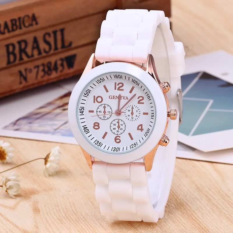 Brand Geneva Ladies Watch Student Silicone Strap Quartz Wristwatch for Women Clock Relogio Feminino: WHITE