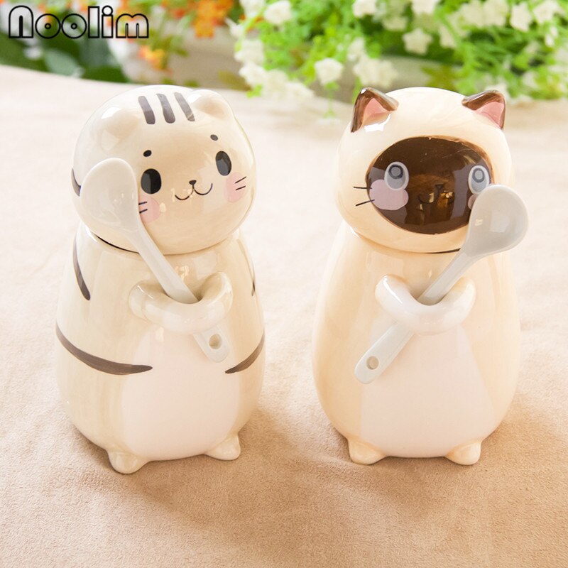 Cute Cat Teacups Exquisite Teaware Accessories With Spoon and Lid Coffee Tea Cups Porcelain Couple Milk Mug Drinkware