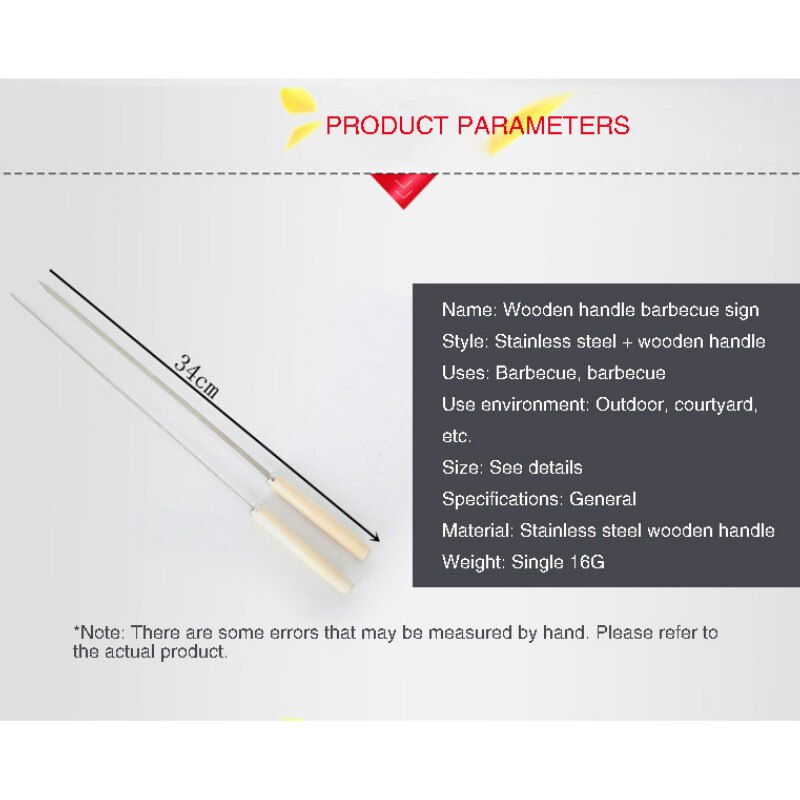 10 stks/set Rvs Barbecue Spiesjes 34cm Houten Handvat BBQ Platte Prikstokken Outdoor Party Sharp Tip Barbecue Gereedschap h4