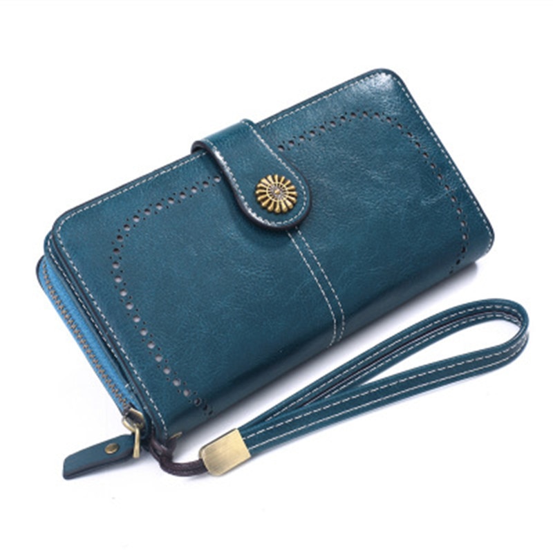 Damen-geldbörse aus gewachstem leder im retro-stil mit langem reißverschluss, handytasche, kartenetui und handtasche.