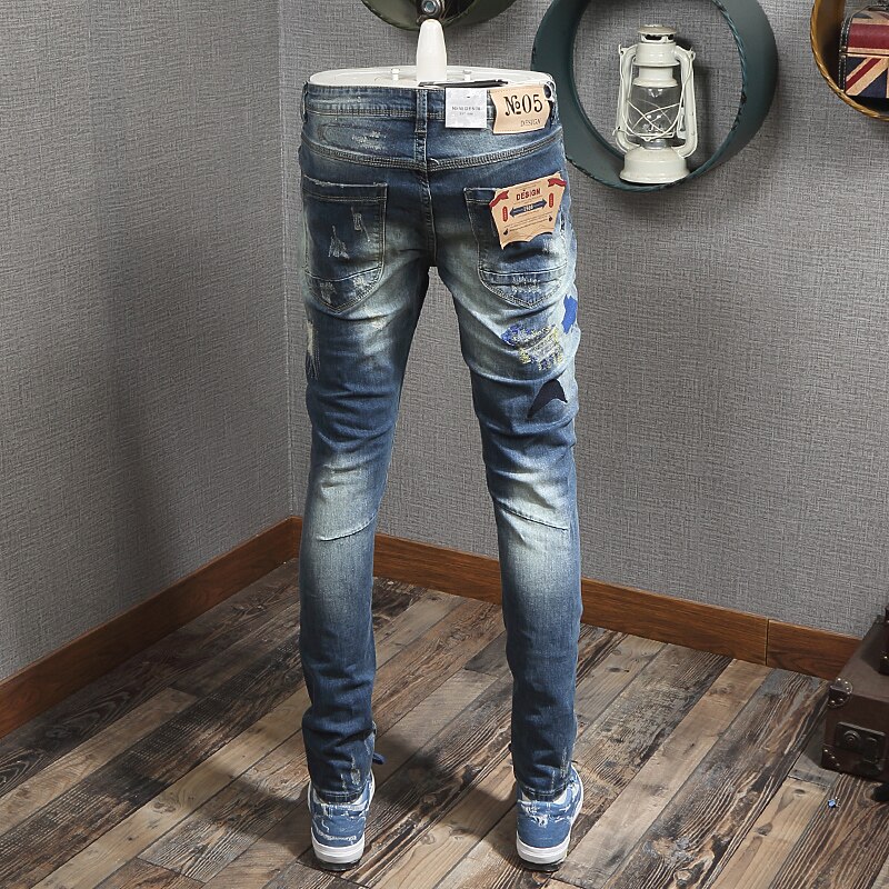 Streetwear Men Jeans Slim Fit Embroidery Ripped Jeans Men Destroyed Baggy Pants Elastic Patches Hip Hop Jeans