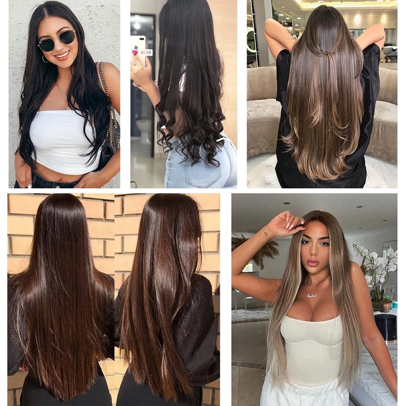 Extensiones de cabello invisibles de una pieza con 5 clips sintético, postizo largo y recto de 24 pulgadas resistente al calor para mujeres