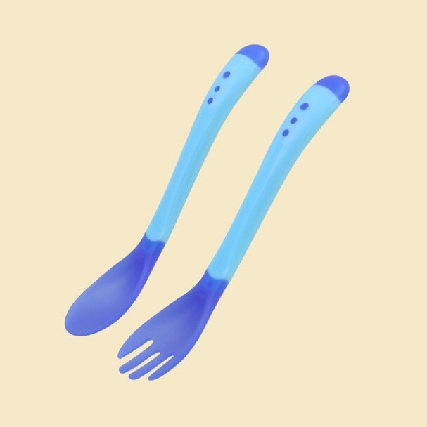 2 sztuk/zestaw naczynia do nauki dla dzieci z przyssawką zestaw obiadowy dla dzieci Assist Bowl łyżka z czujnikiem temperatury widelec zastawa stołowa: Blue Spoon And Fork