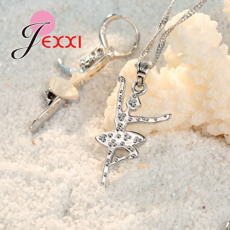Blanc danse Ballet filles ensemble de bijoux 925 en argent Sterling pendentif collier/boucles d'oreilles ensembles pour les femmes de mariage