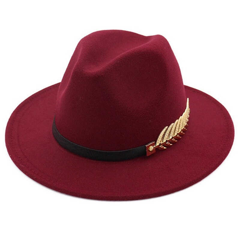 Sombrero de lana de estilo británico para hombre y mujer, gorro de lana de estilo británico, con plumas de hoja dorada, de fieltro de ala grande, Unisex: BY