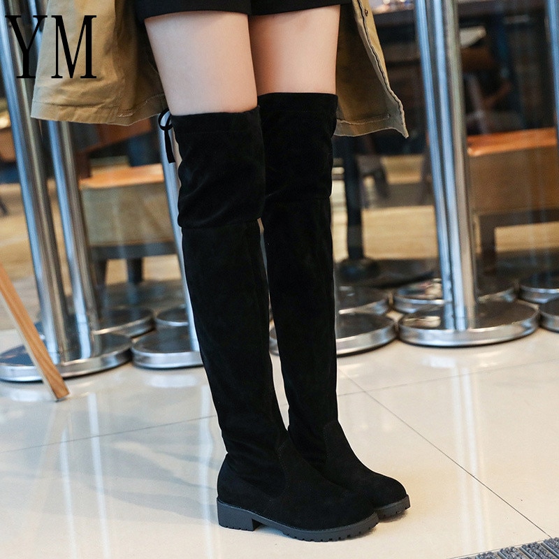 Kvinnor stövlar höst vinter dam platt botten stövlar skor över knä låret höga mocka långa stövlar 35-41