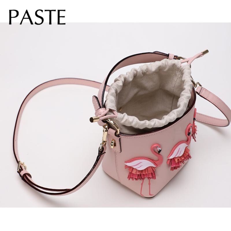 Flamingo bordado design adorável rosa balde saco pequeno couro do plutônio feminino bolsa de ombro bonito menina crossbody saco diário bolsa