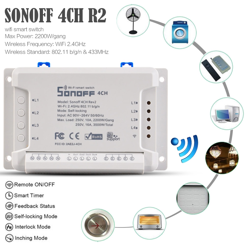 Sonoff 4CH Pro R2 4 Gang Tippen Zelfborgende Interlock WiFi RF Smart Switch
