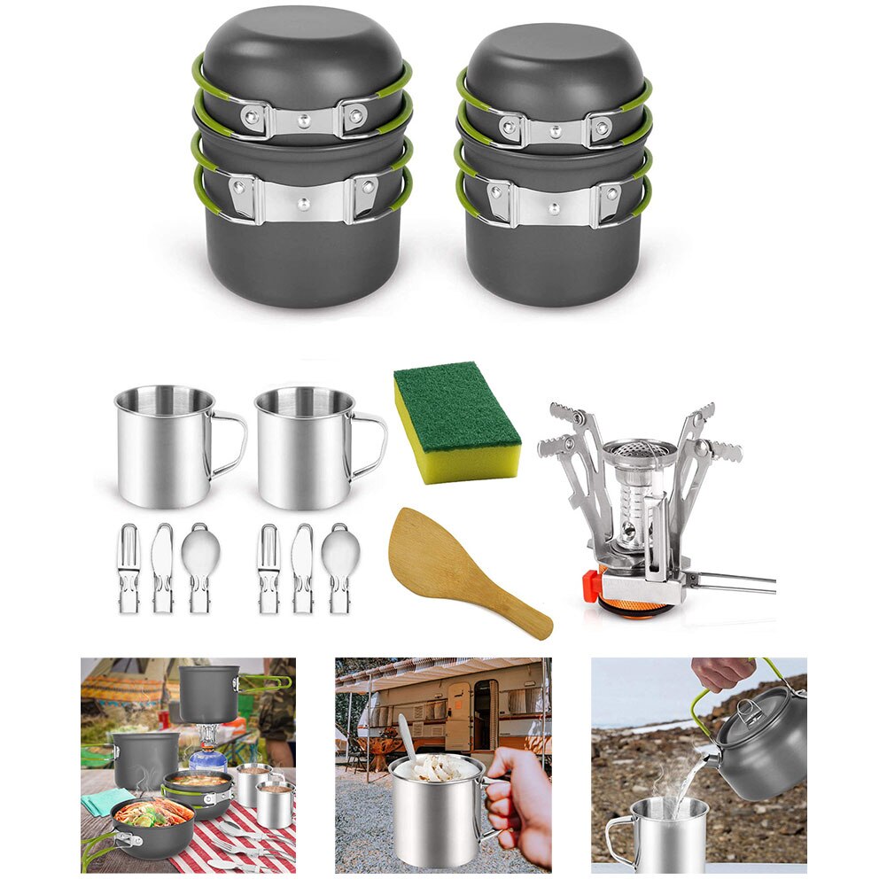 Camping Kookgerei Koken Set Mess Kit Draagbare Outdoor Pot Voor Backpacken Outdoor Trekking Wandelen Picknick Groen 15Pcs Kookgerei