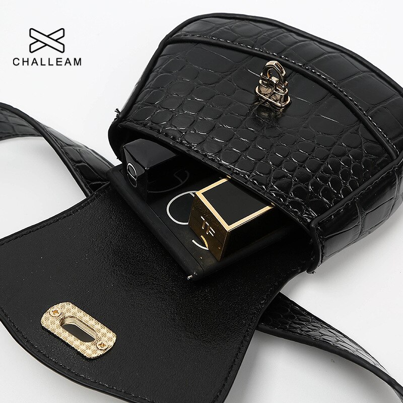 Women Crocodile Pattern Small PU Leather Waist Bag Female Heart Clasp Detachable Simple Mini Belt Bags Black Fanny Pack 389