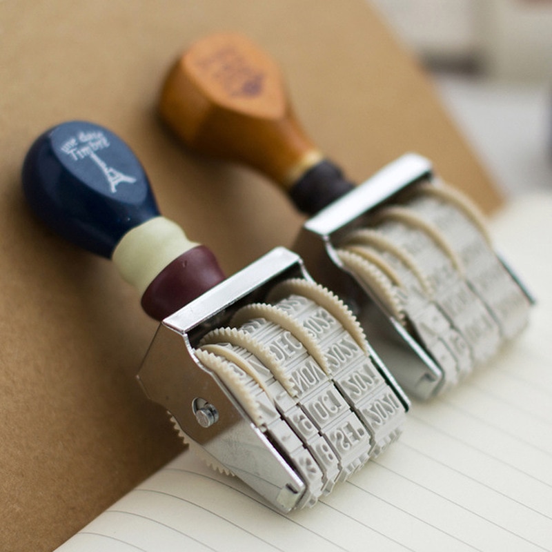 Vintage dato stempel tre gjør-det-selv-stempler zakka stil rulleforsegling justerbar tid dagbok gjør-det-selv lærer lærer dekorasjonsmateriale