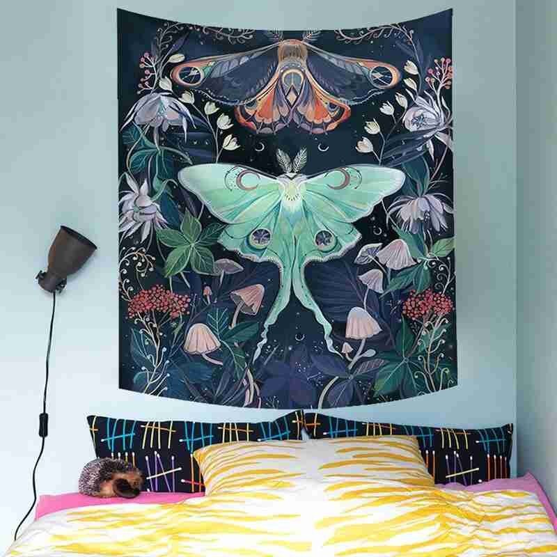Tapiz negro con Floral de Luna, tapiz colgante de pared antiguo, tapiz de brujería con mariposas, tapiz para decoración de pared del hogar, alfombras, tapices