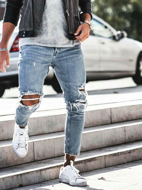 Jean Skinny homme déchiré coupe Slim Denim extensible détresse effiloché motard Jeans pantalon US