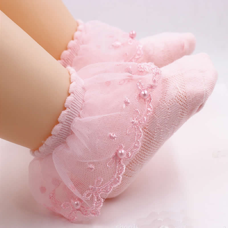 Bebé niña encaje Calcetines de encaje de princesa de algodón bebé calcetín Delgado niño corto de perlas de primavera y verano recién nacido bebé rosa blanco