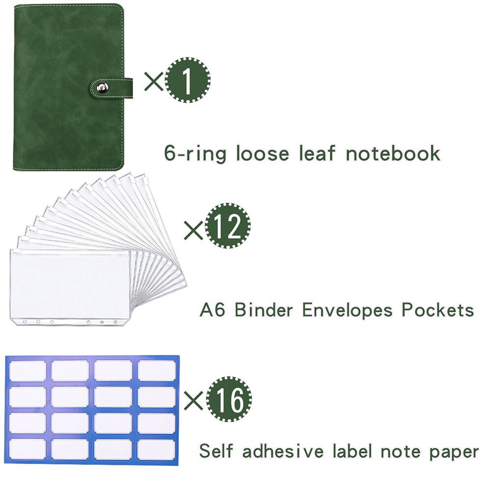 Colourful A6 Notebook Binder Kit PU Leather Diary Agenda Planner Budget With Zippered Envelopes Label Sheet School Stationery: Dark Green