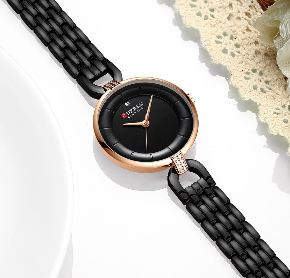 Curren zwarte dameshorloge met armband, luxe quartz analoog roestvrij staal, waterdichte dameshorloges