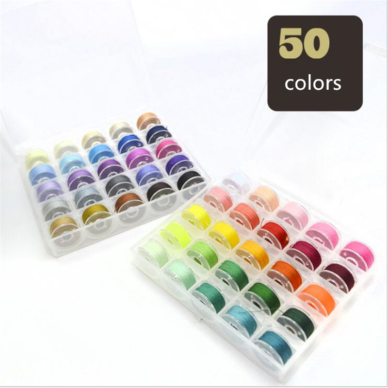 25/36/50/72pcs Coloful Sewing Thread 25 Grid Clear Plastic Machine Bobbins Embroidery Pre-wound Bobbins Thread kit: 50 colors