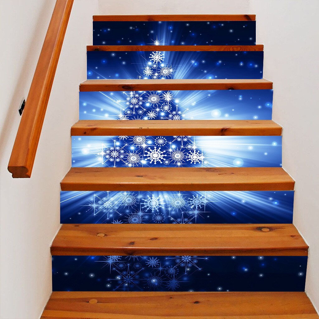 3D Waterproof Merry Christmas Wall Stickers Removable Paredes Windows Door Christmas Staircase Stickers Decorations: Blue