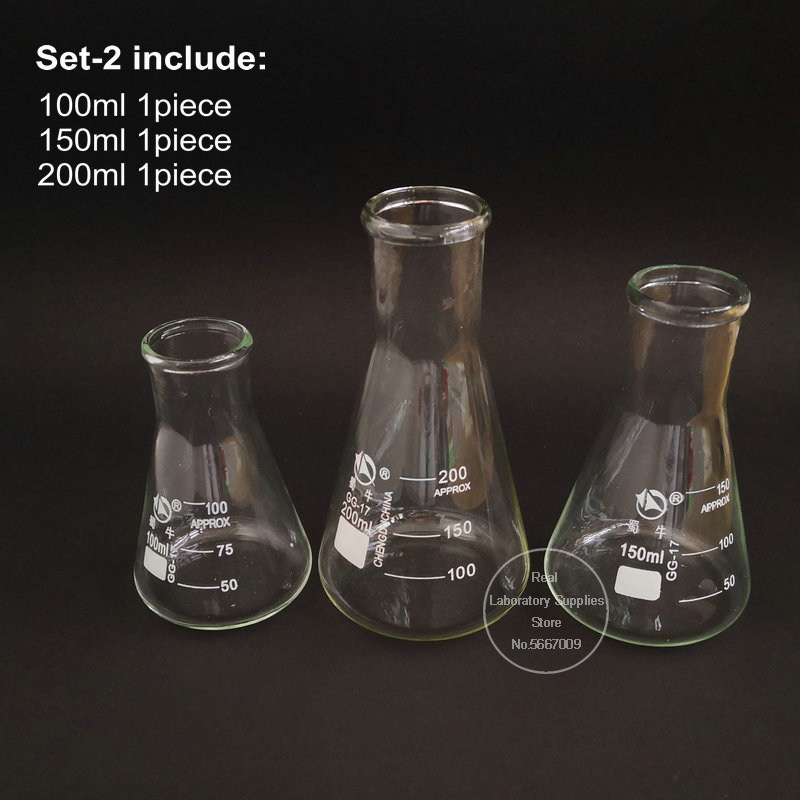 1set Erlenmeyer Borosilicate Glass Flask Wide Neck Conical Triangular Flask for Lab Chemical Equipment