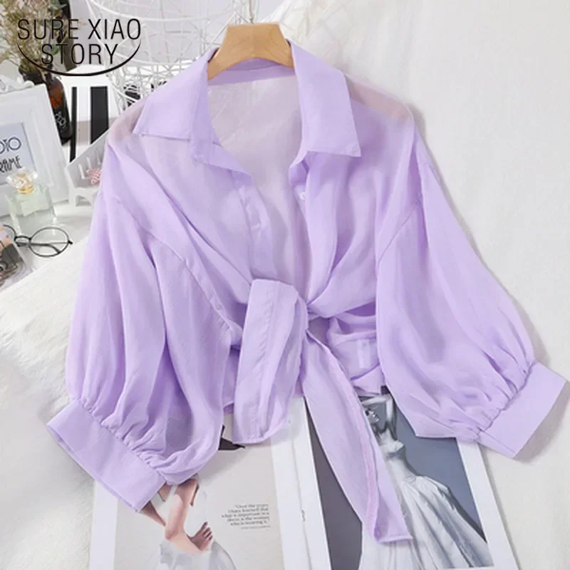 Blusa informal holgada de gasa con media manga para mujer, camisa con botones, cintura atada, primavera y verano, 9776