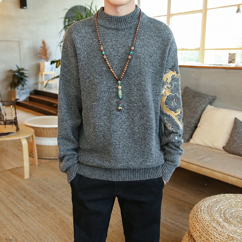 MrGoldenBowl automne hommes chandails Dragon chinois imprimé tricoté pulls grande taille homme pull ample hauts: Gray / L