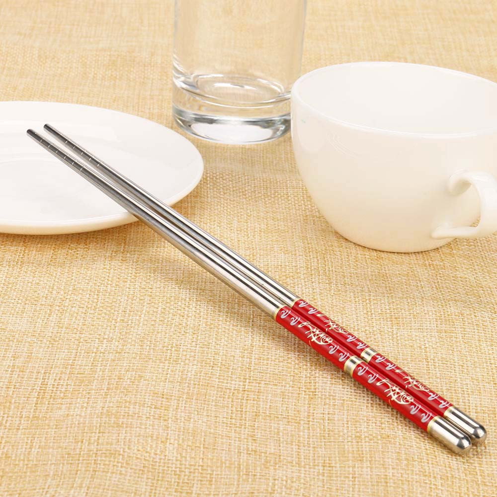 1 paar Eetstokjes Chinese Natuurlijke Lengte Witte Bloem Patroon Roestvrij Staal Eetstokjes Draagbare Chop Sticks: A