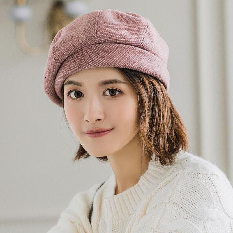 Herfst Winter Hoeden Vintage Houndstooth Baret Vrouwen Cap Dames Katoen Hoed Versie Retro Achthoekige Cap Ritish Schilder Caps: Roze