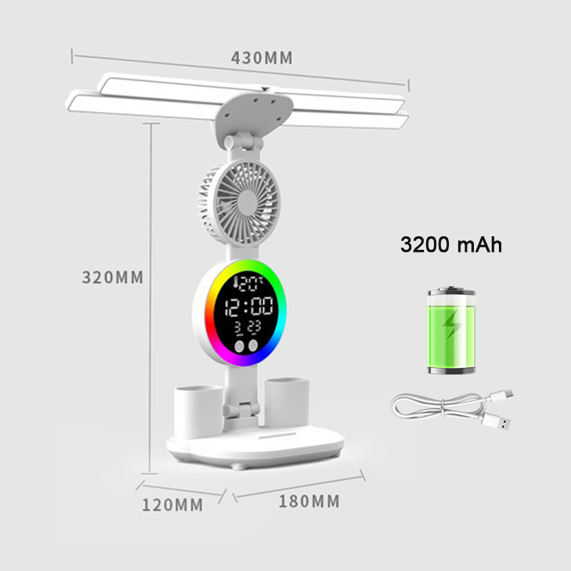 Candeeiro de mesa recarregável para estudo, candeeiro de mesa luz de leitura led candeeiro de mesa com ventilador, relógio led dispaly lâmpada de leitura: Marrom