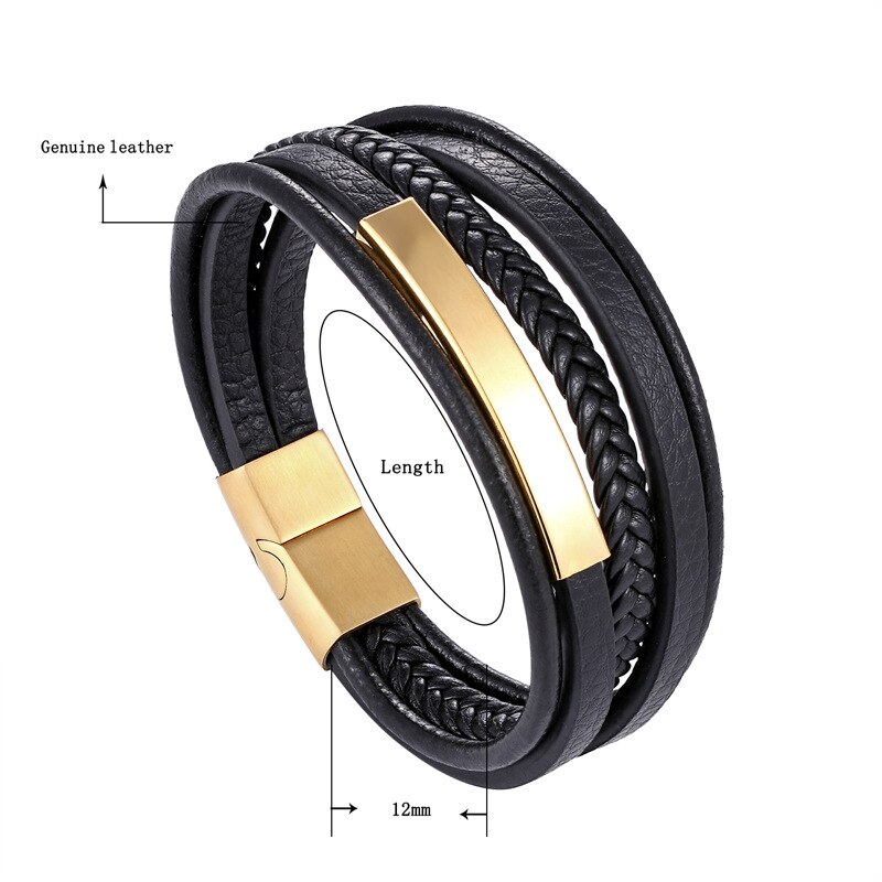 Wollet novo simples preto ouro mão-tecido pulseira de couro moda masculino jóias wrap pulseiras