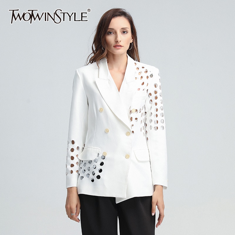 Deuxtwinstyle Blazer asymétrique pour les femmes col cranté à manches longues évider grande taille manteaux amples femme automne vêtements
