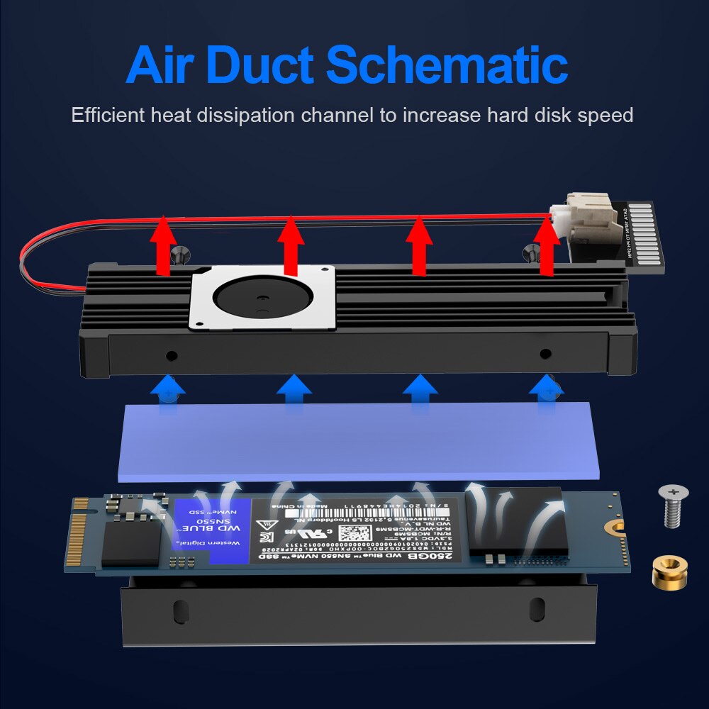 Rocketek M.2 Solid State Hard Disk Fan Heatsink Heat Radiator Cooling Silicon Therma Pads Cooler for M2 NVME SATA 2280 PCIE SSD