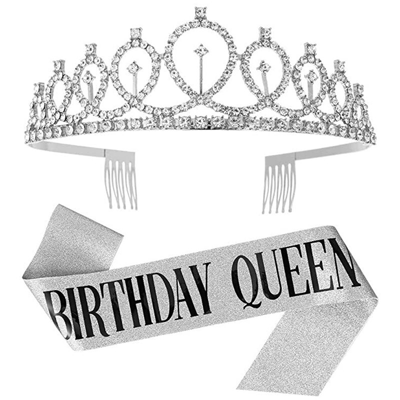 Bling Rhinestone Crystal Crown Tiara Birthday Anniversary Decoration Happy 18 21 30 40 50th Birthday Satin Sash Party Supplies: SVB