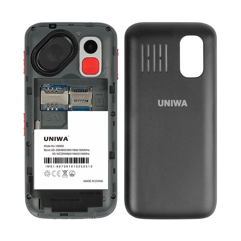 UNIWA V808G téléphone portable 3G WCAMA SOS bouton 1400mAh 2.31 pouces écran vieil homme téléphone portable lampe de poche torche téléphone portable pour personnes âgées