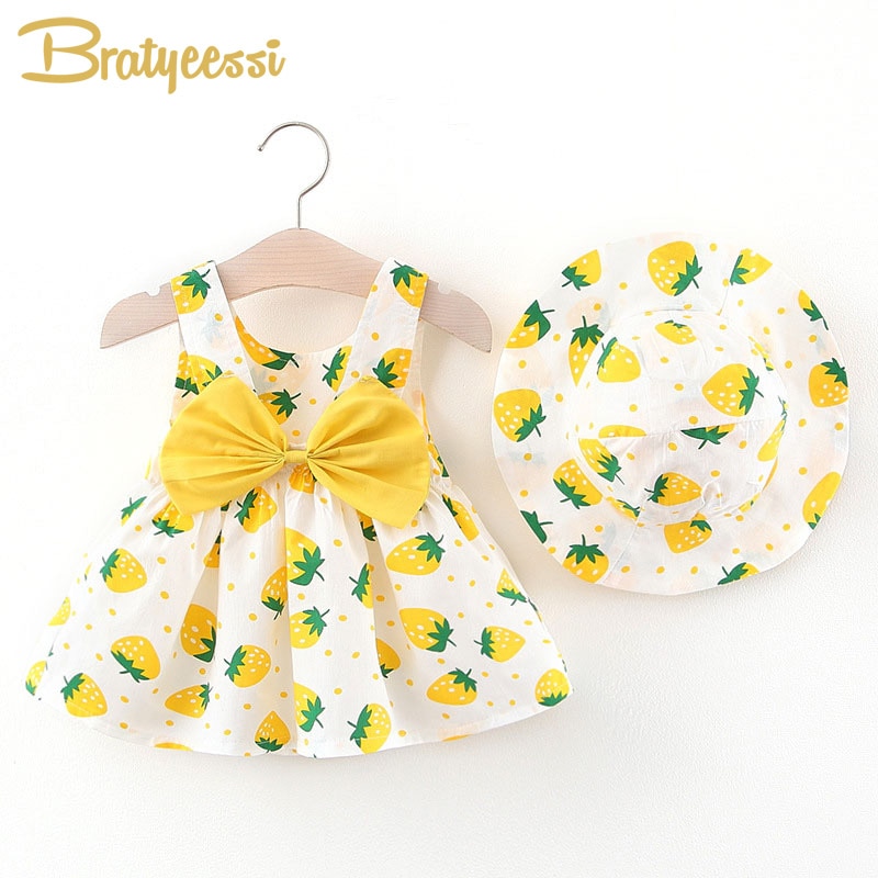 Vestido de verano de fresa con sombrero para bebé, con lazo grande, línea A, ropa de verano para niña, Vestido de playa infantil para bebés
