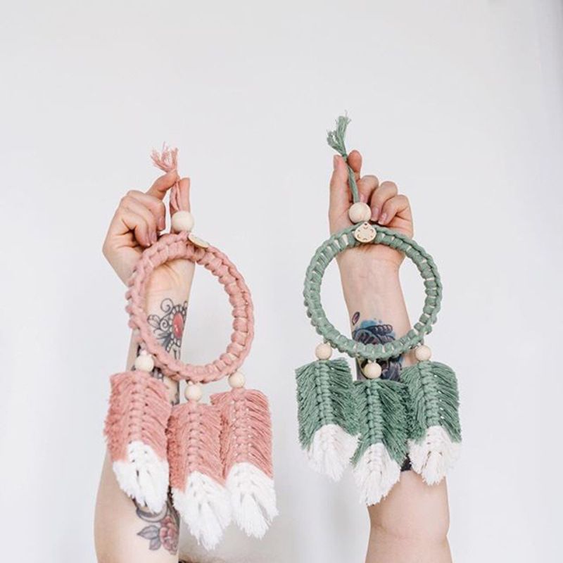 Atrapasueños nórdico hecho a mano de cuerda de algodón tejido, juguete atrapasueños de felpa, juguete decorativo para colgar en la pared para dormitorio de niños y niñas