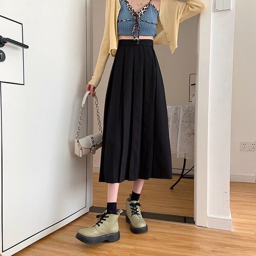 Jupe plissée mi-longue pour femmes, printemps, automne et hiver, taille haute, ligne a, tendance: Black / L