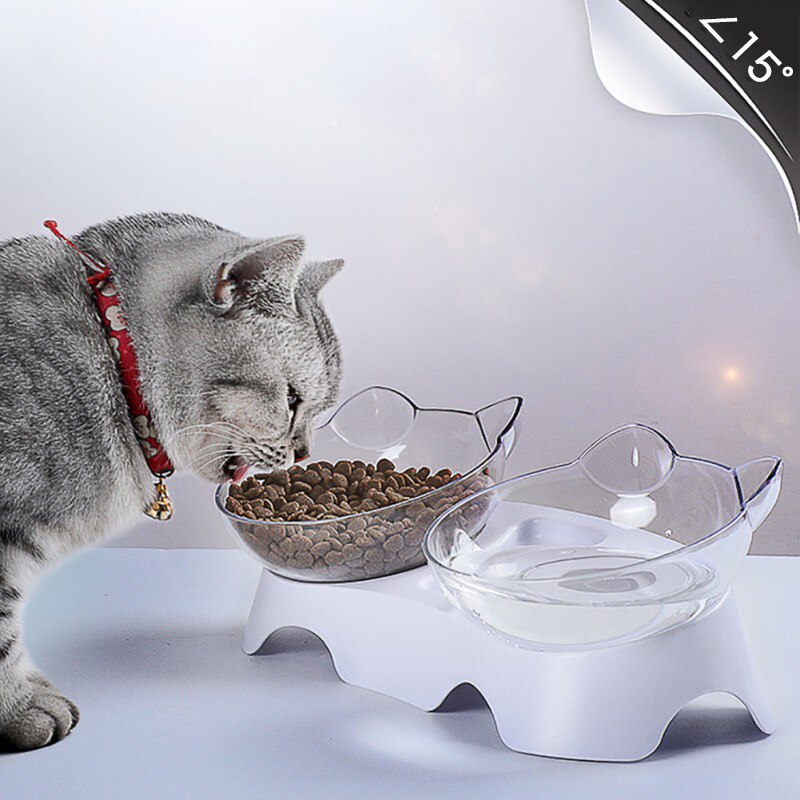 Pet Ciotole del Gatto con il Basamento antiscivolo Doppio Gatto Ciotola di Acqua Cibo Feeder Trasparente Cat Ear Forma Arrotondato per cucciolo di Cane Accessori
