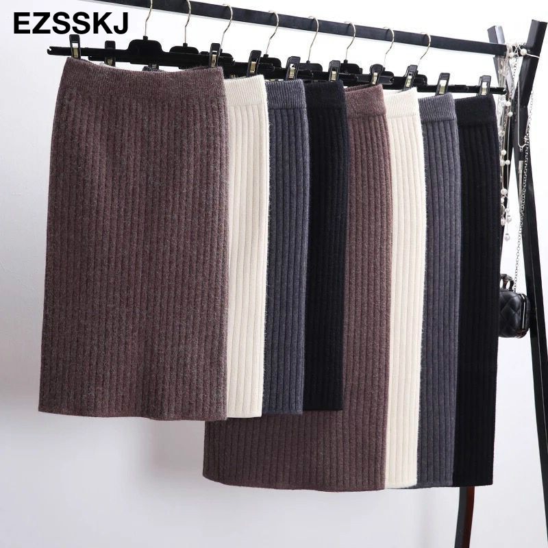 Faldas de mujer de banda elástica de 60-80CM, Falda recta de punto cálida de otoño e invierno, falda negra medio larga acanalada