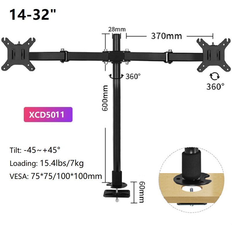 Escritorio de movimiento completo de 360 grados soporte de Monitor doble soporte 14 "-32" LCD LED perforación brazo para montaje de Monitor de carga 7kg: XCD5011