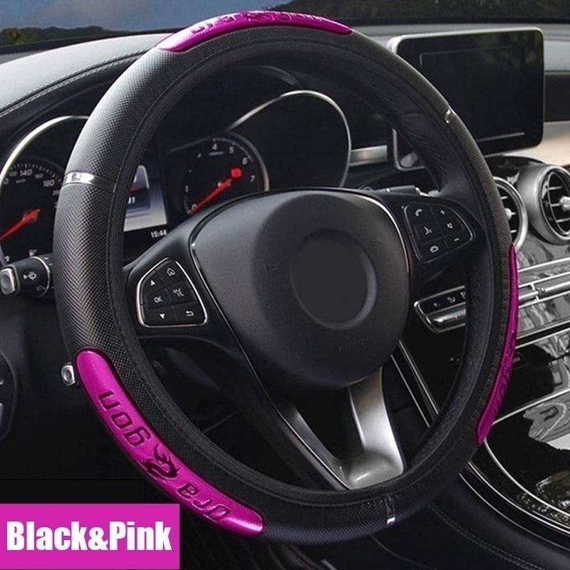 Universal- Coole Leder Chinesischen Drachen Auto Lenkrad Deckt Reflektierende Pu Leder Lenkung-Rad Abdeckungen Busines Stil: Schwarz-Rosa