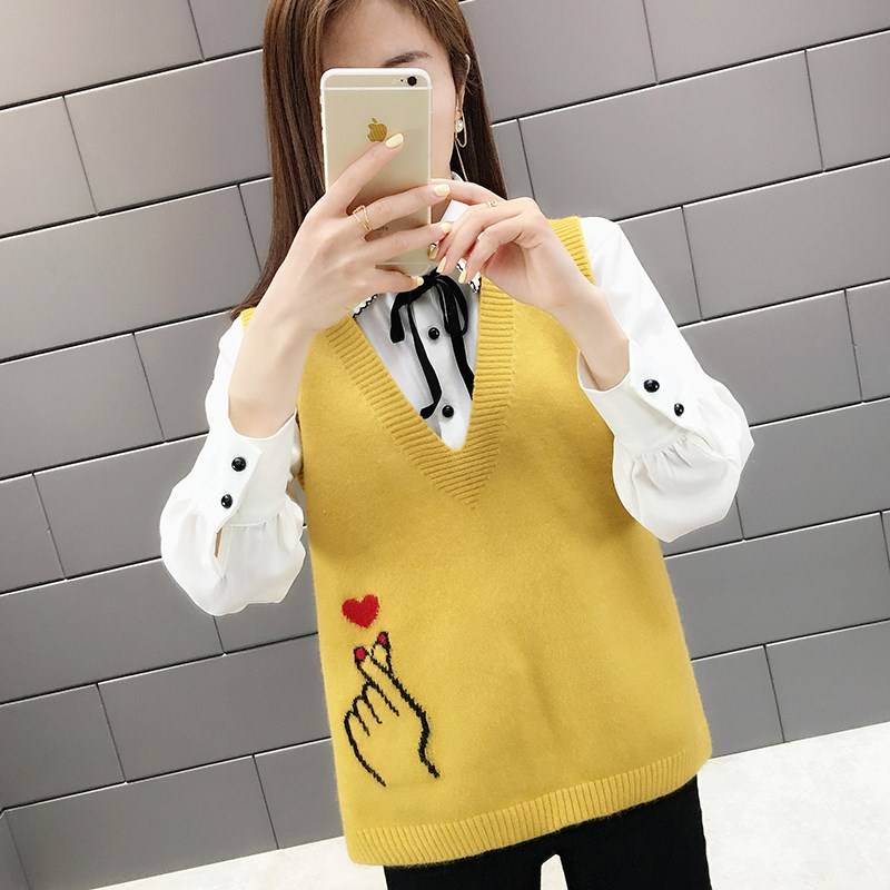 Vesten dames los vrijetijdskleding print eenvoudig all-match trendy studenten dames snoepkleur koreaanse stijl warm v-hals mouwloos gebreid: Geel / M