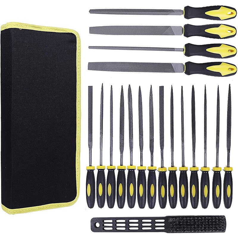 19Pcs File Set, 4 Flat/Half-Round/Round Files Tool, 14 Files Set with 1 Brush for Woodwork Metal Applications