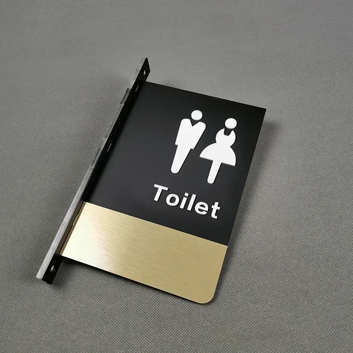 Letrero de puerta de doble cara para hombre y mujer, señal de recordatorio de baño montada en el lateral, señalización de inodoro para Hotel y WC: Rosa dorada