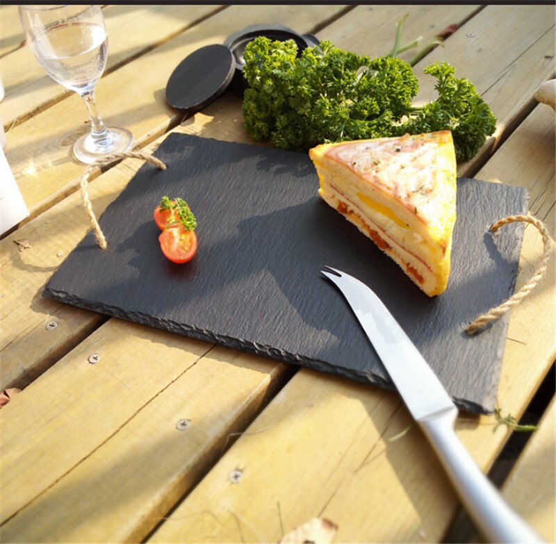 Met Touwen Handvat Westerse Natuurlijke Leisteen Gerechten Effen Vierkante Steen Sushi Steak Bbq Plaat Kaas Pizza Platte Fruitschaal Voedsel lade