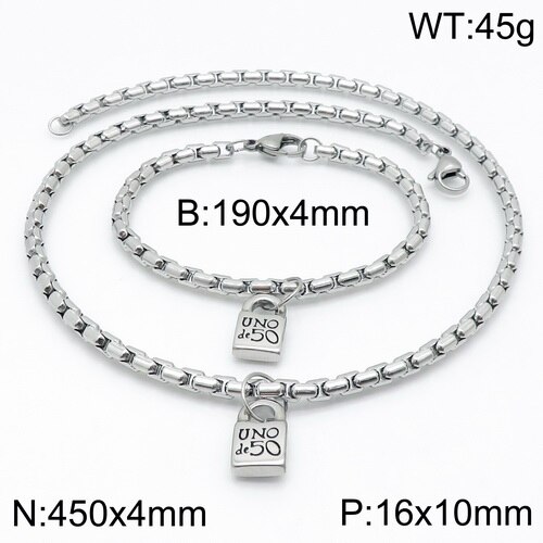 femmes hommes couleur argent or acier inoxydable serrure ronde clé Uno 50 boule perle Bracelet collier ensembles de bijoux: 12