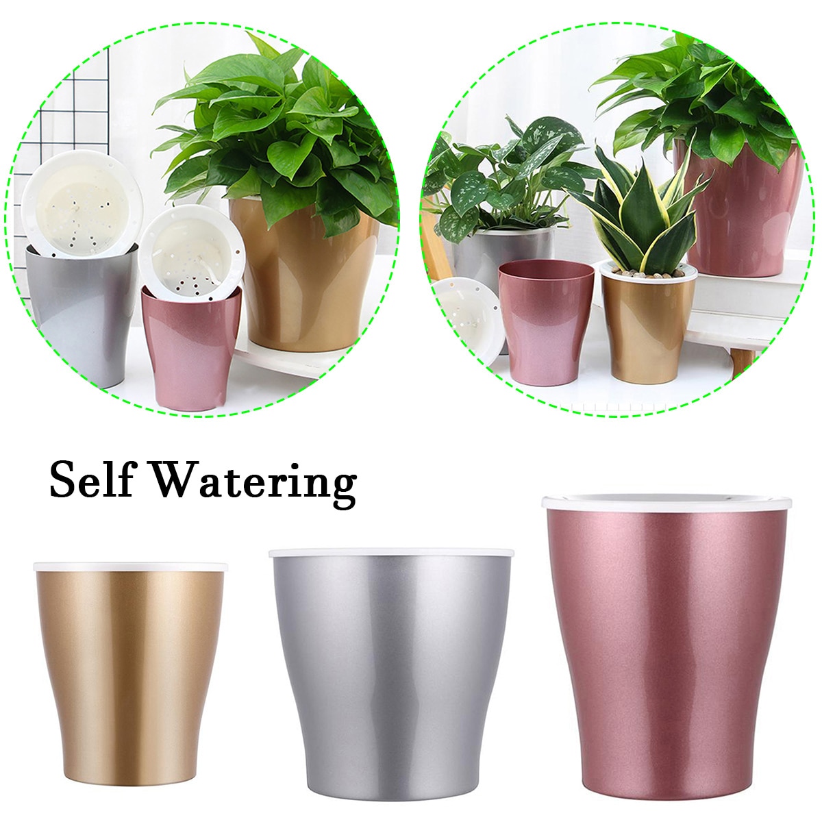 Goud Zilver Rose Goud Bloempot Self Watering Absorberen Bloem Plant Lui Gesimuleerde Metalen Potten Voor Yard Garden Outdoor Living