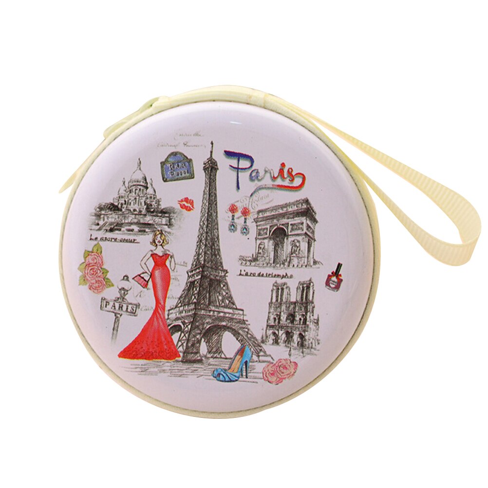 1PC Portable Key Wallet Pouch Bag Mini Cute Unisex Women Round Headset Paris Eiffel Zipper Coin Purse: White