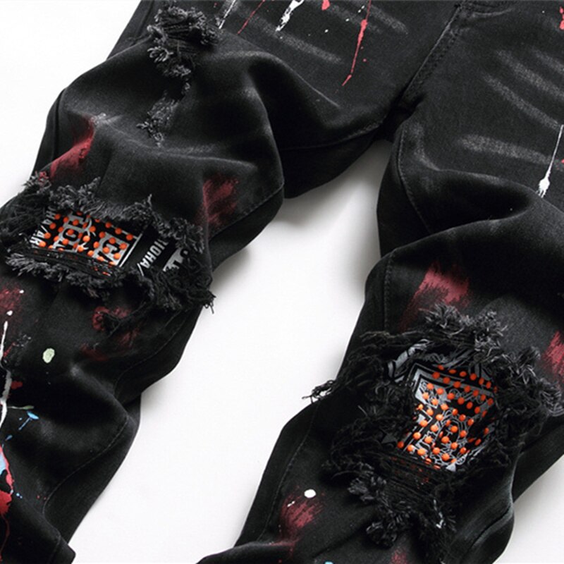 Men&#39;s Jeans Ripped Spray-Painted Black Stretch Pants Drill High Street Casual Pants Autumn Hip-hop Clothing