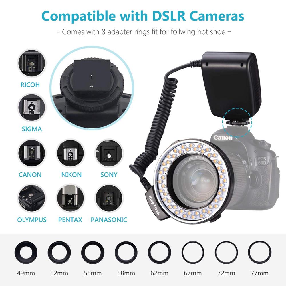 Neewer-anillo Flash LED Macro 48 con pantalla LCD, Control de potencia, anillos adaptadores y difusores de Flash para Canon Nikon