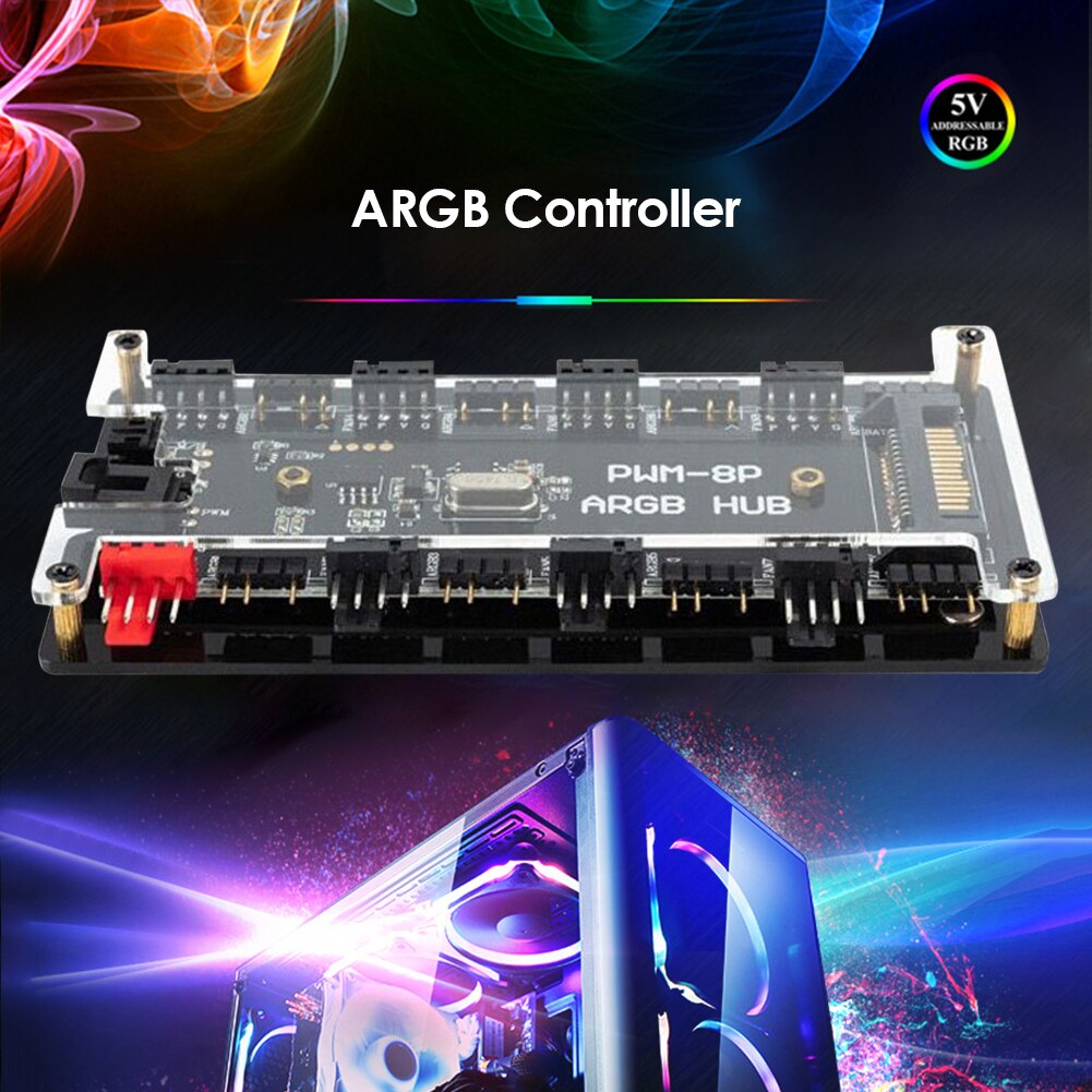 1 to 8 3-Pin ARGB Addressable RGB LED Hub with Remote Control PWM Fan Hub 8 Port 4-Pin PWM Fan ARGB Controller with PWM Cable